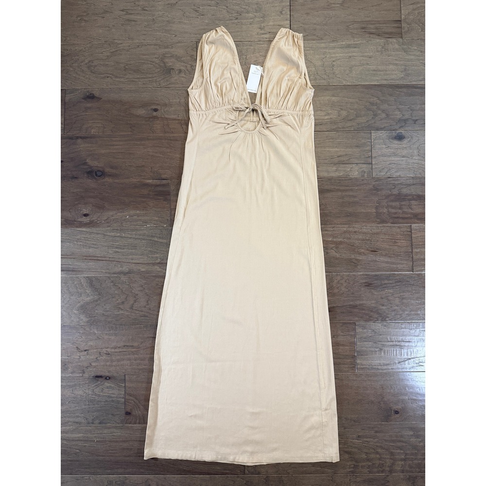 NWT Riot Swim XS Sand Beige Linen Blend Keyhole V-Neck Maxi Dress‎ Beach Coverup